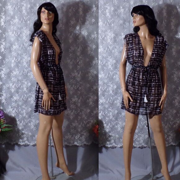 Vintage Y2K Dress 2000s Beach Cover Up Black & White Tie Dye Surfer Size Small - Picture 1 of 6
